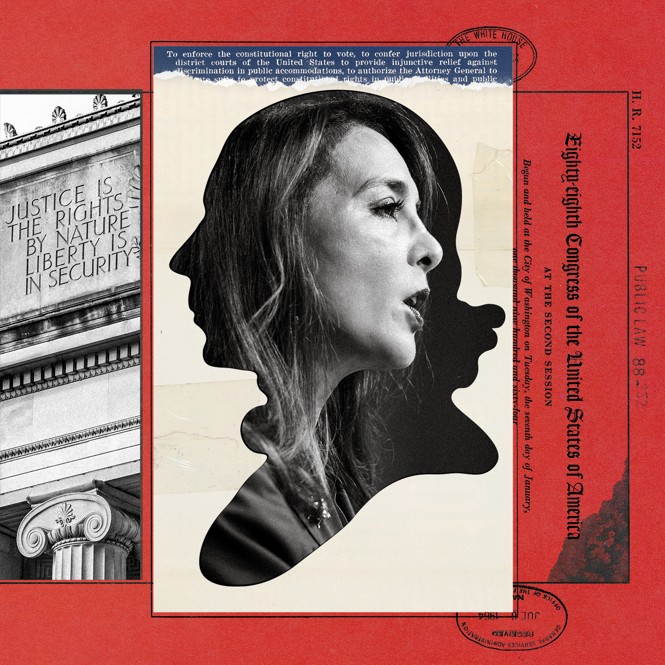 collage showing Harmeet Dhillon inside the Federalist Society logo
