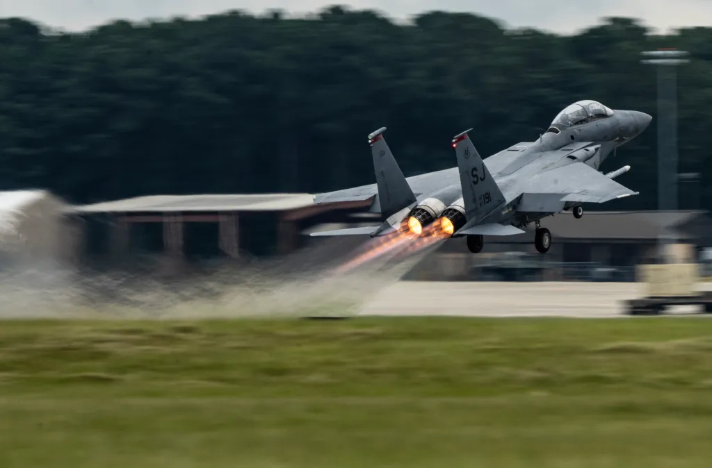 This handout photo provided by the US Air Force shows an F-15E Strike Eagle taking off for a training sortie at Seymour Johnson Air Force Base, North Carolina, on August 22, 2025.