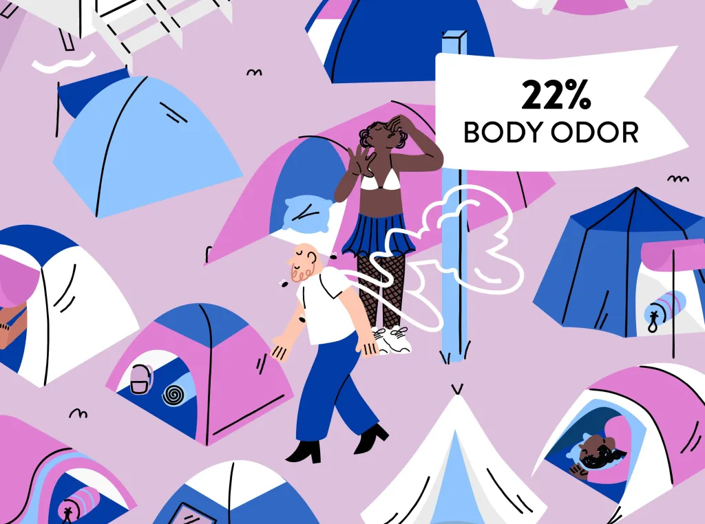 Illustration of a festival campground showing various camping tents and people. In the center, a woman covers her nose and a man has flies buzzing around his head, next to a sign with 