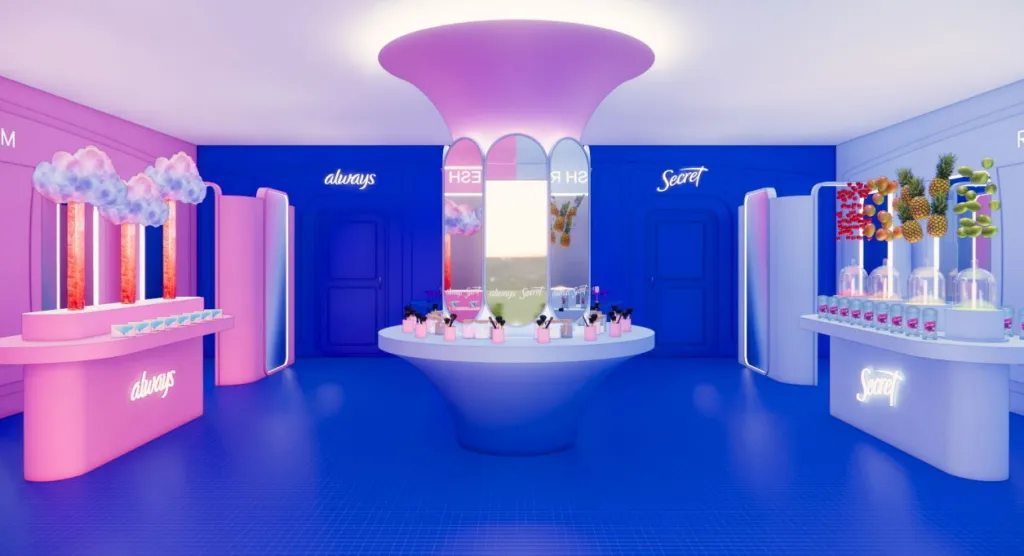 Illustration of the Refresh Rooms at Coachella, featuring Always and Secret brand displays with beauty products and amenities.