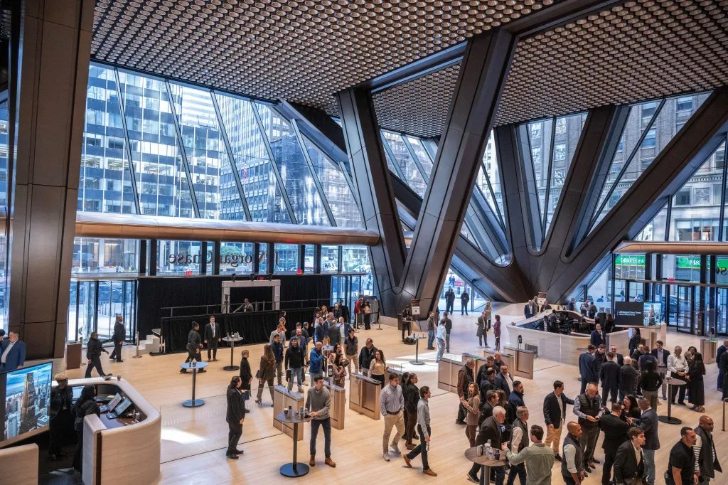 People gathered for the grand opening of the JPMorgan Chase & Co. global headquarters at 270 Park Avenue in Midtown Manhattan.