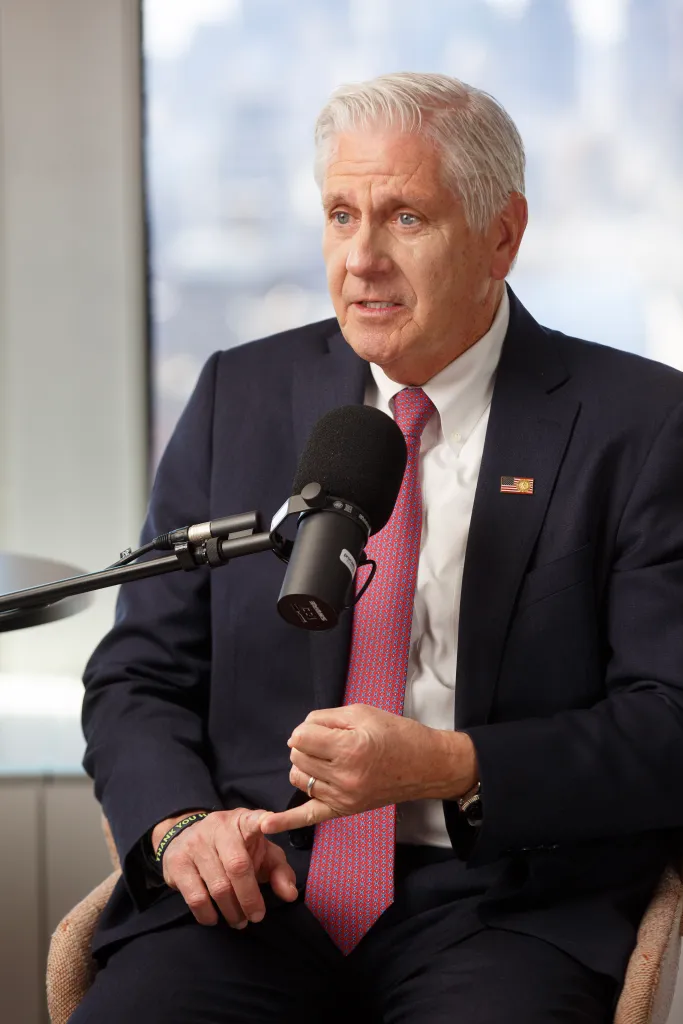 Bruce Blakeman, Republican candidate for New York Governor, speaking into a microphone.