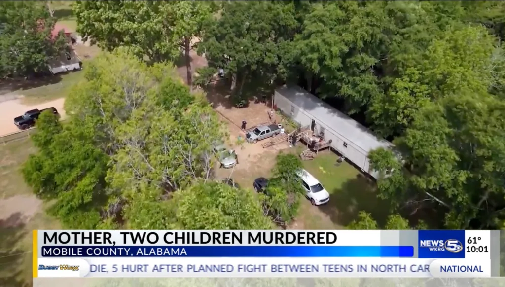 Aerial view of a mobile home surrounded by trees and cars, with text overlay 