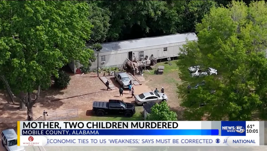 An aerial view of the scene where a mother and her two children were murdered in Mobile County, Alabama.