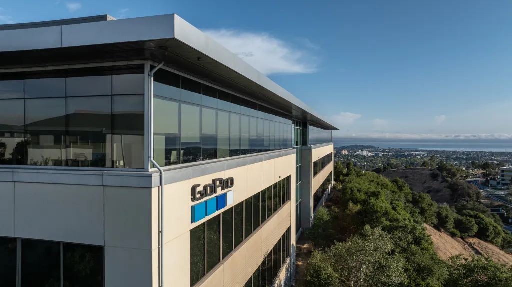 GoPro headquarters in San Mateo, California, with a view of the city and bay.