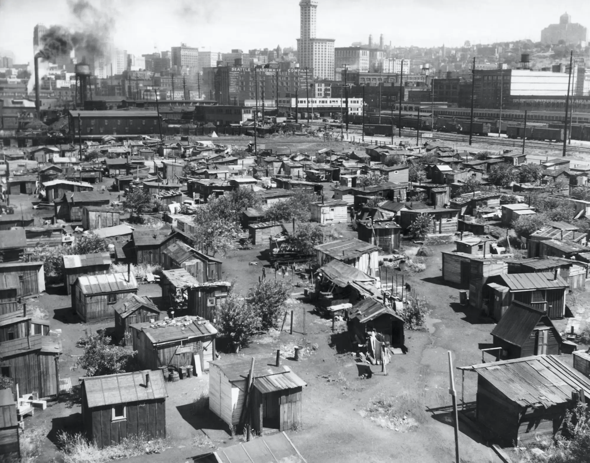 An aerial view of a Hooverville in Seattle.