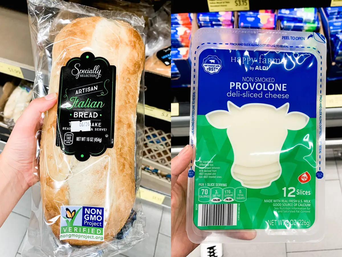 Aldi's Italian bread next to a pack of Friendly Farms' cheese