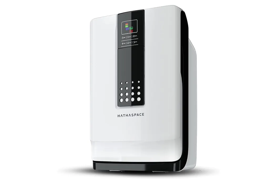 A white air purifier with a rainbow touch screen display