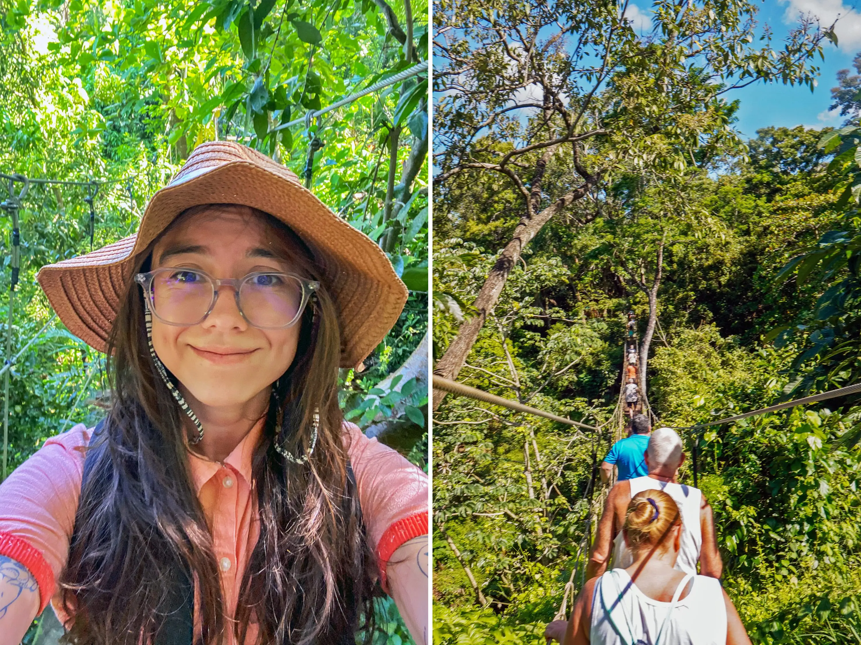 A composite image of The author takes a selfie on a hike (L) People walk across a suspended bridge in a rainforest
