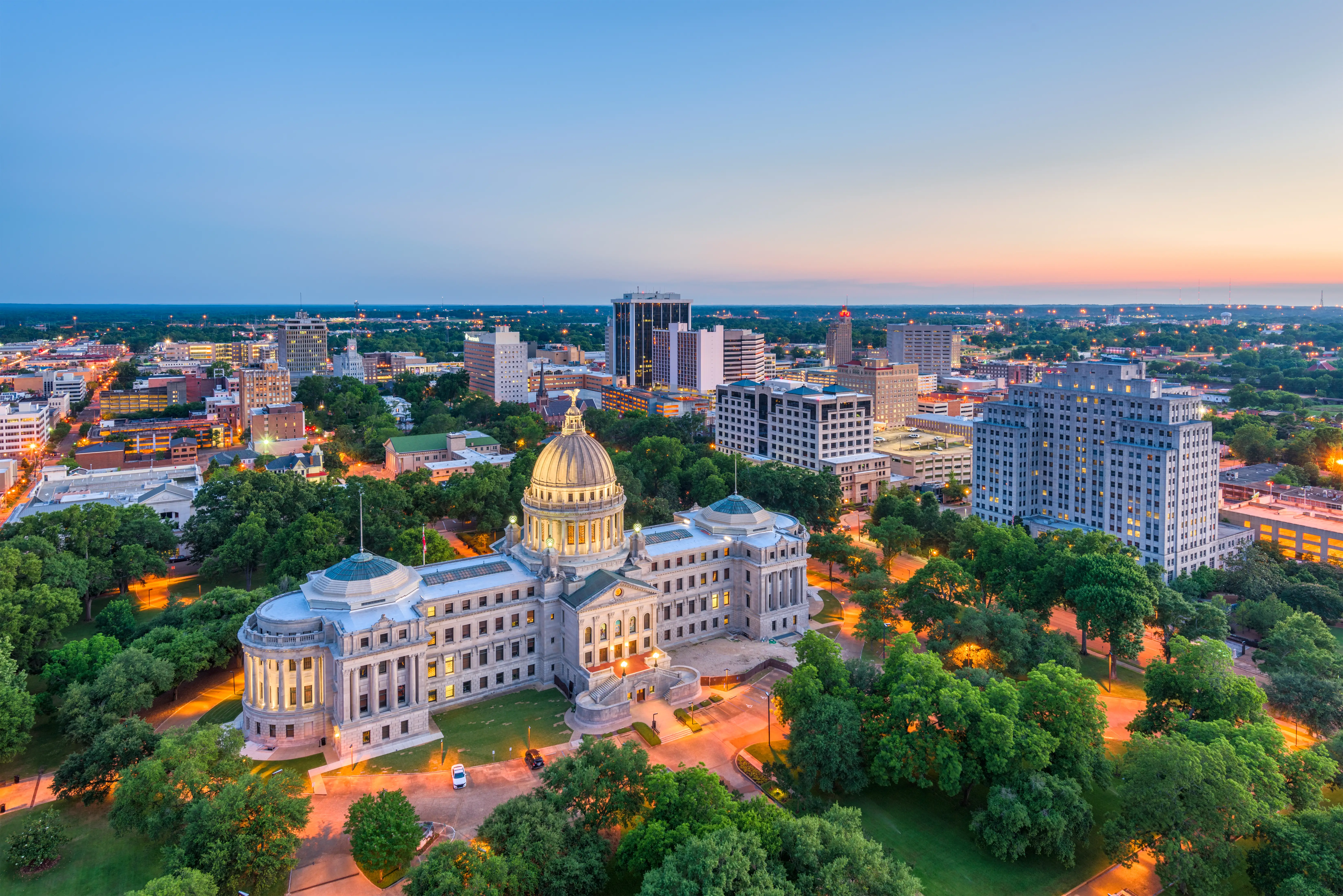 An aerial view of downtown Jackson, with the Mississippi state capitol in the center.