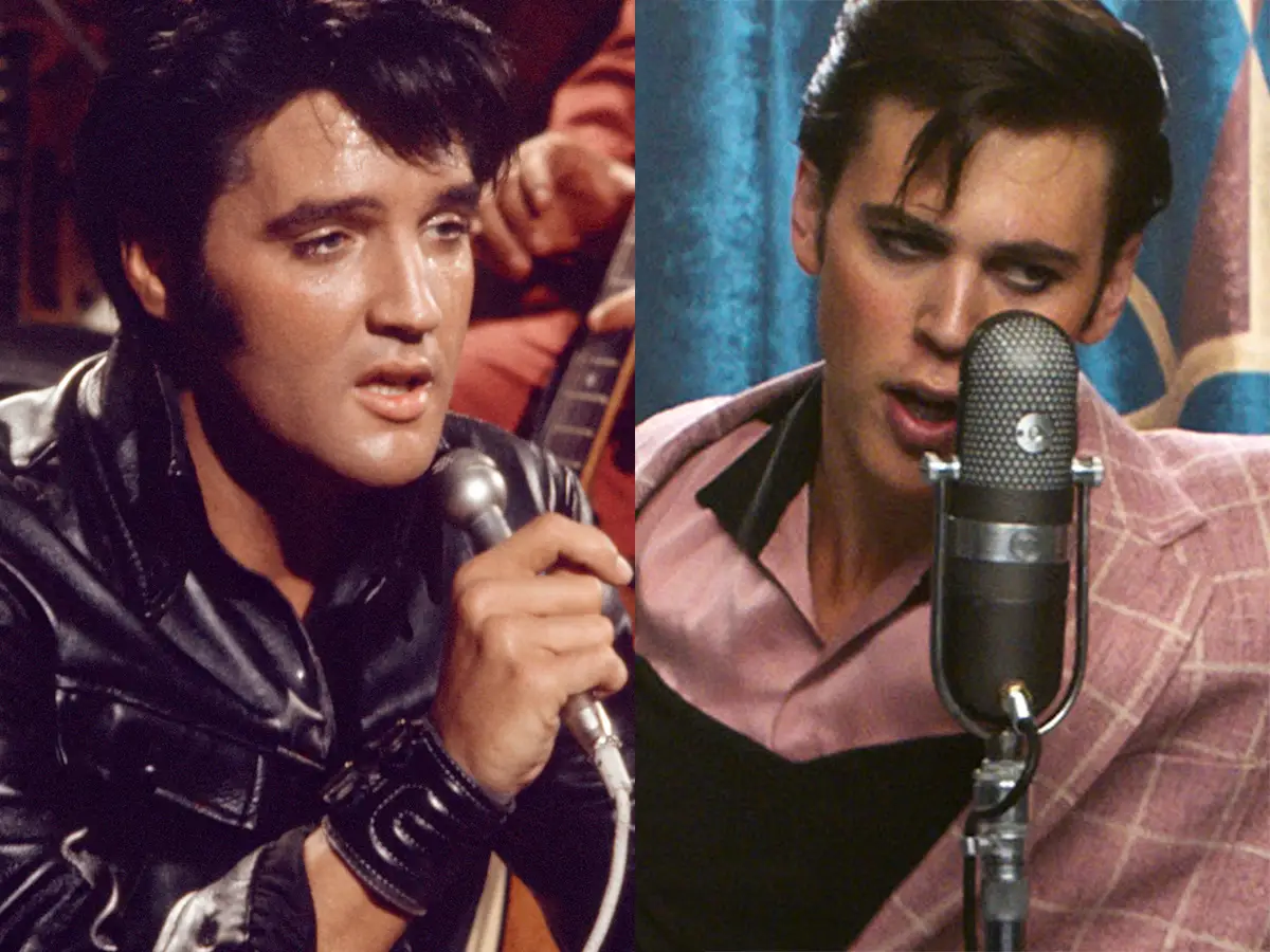 On the left: Elvis Presley in the '60s. On the right: Butler as Presley in 