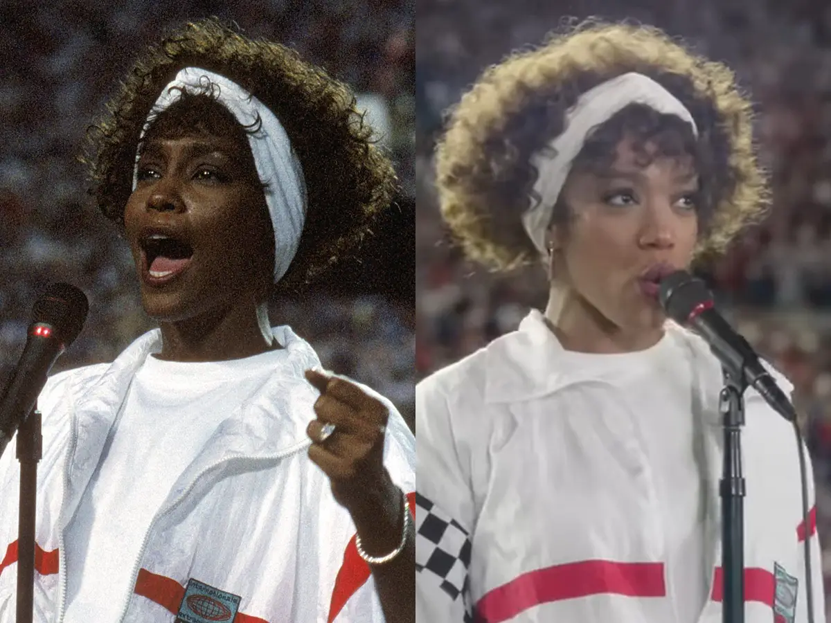 On the left: Whitney Houston singing the national anthem in 1991. On the right: Naomi Ackie recreating the moment in 