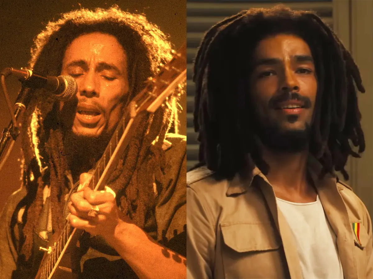 On the left: Bob Marley performing in 1978. On the right: Kingsley Ben-Adir as Marley in 