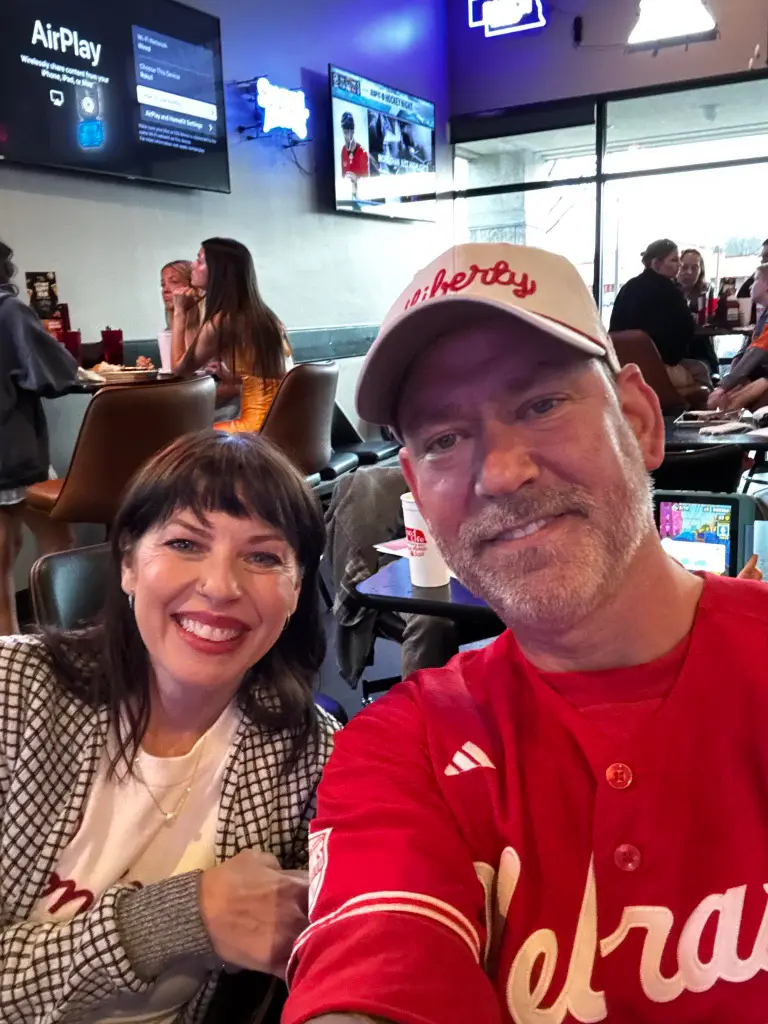 Independent Nebraska Senate candidate Dan Osborn with his wife, Megan, on March 26, 2026.