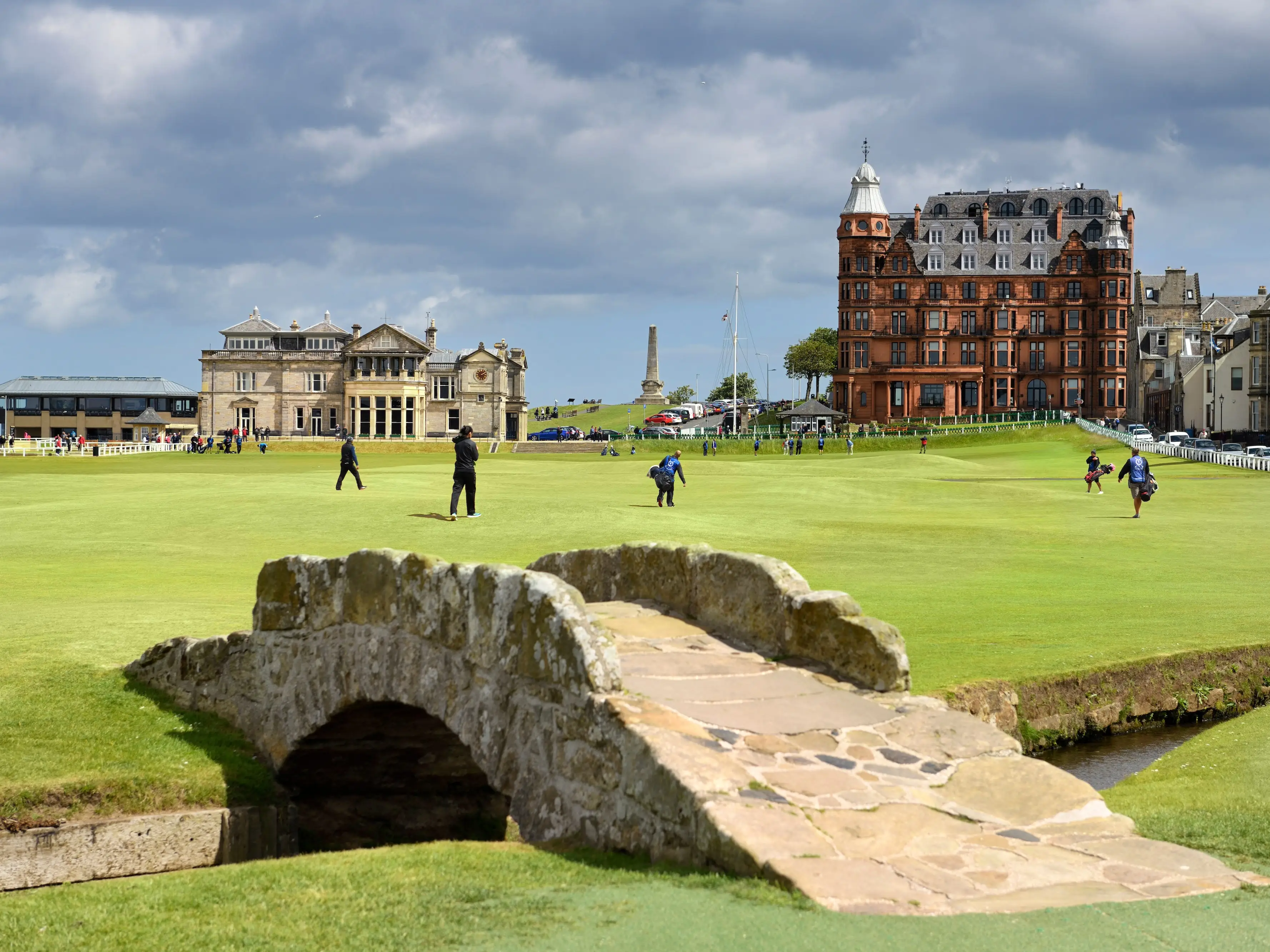 The Royal and Ancient Golf Club of St. Andrews 18th hole and clubhouse.