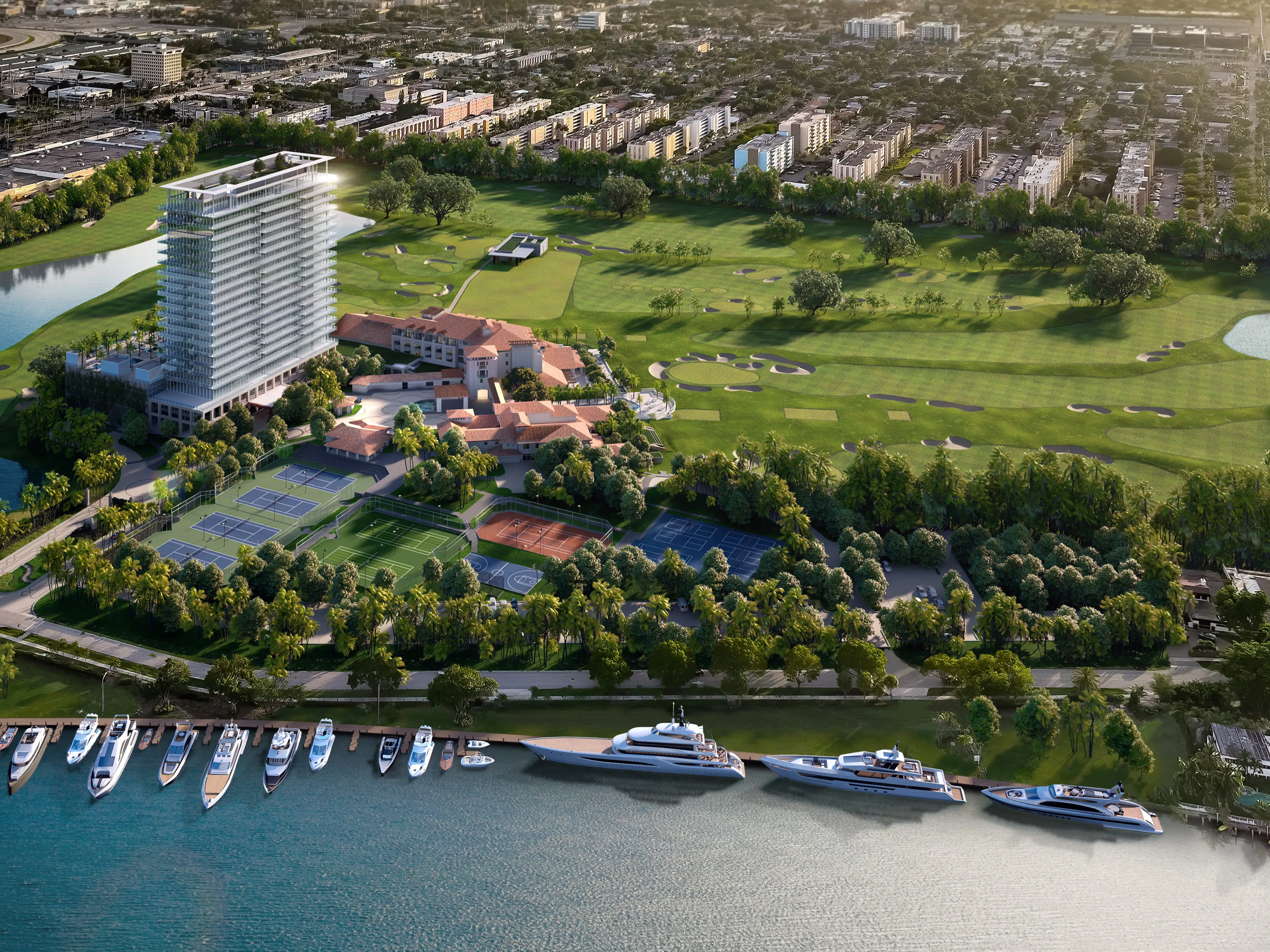 Aerial view and rendering of the golf course and facilities next to the ocean.