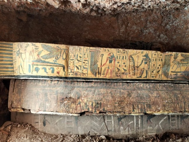 Three colorful coffins from the Third Intermediate Period of ancient Egypt.
