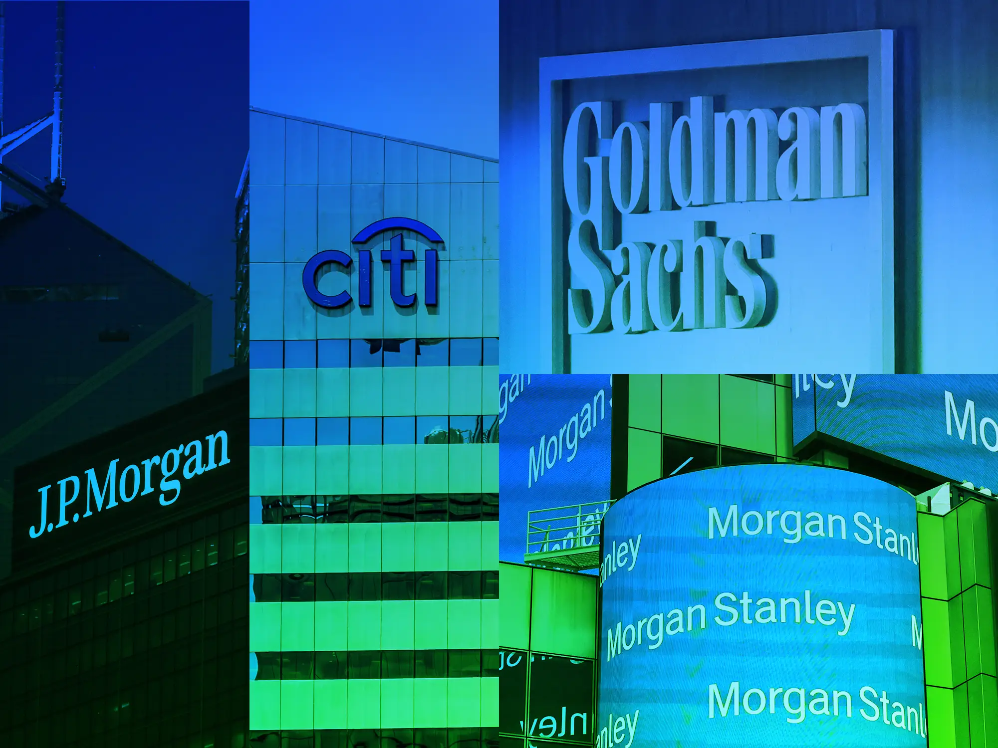 Photos of J.P. Morgan, Citi, Goldman Sachs, and Morgan Stanley