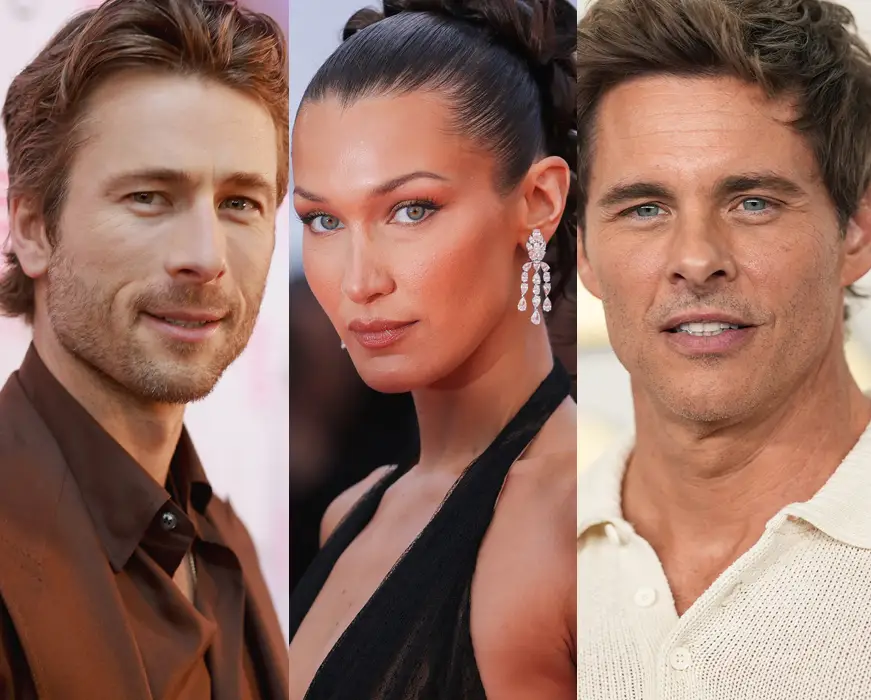 Glen Powell, Bella Hadid, James Marsden side-by-side