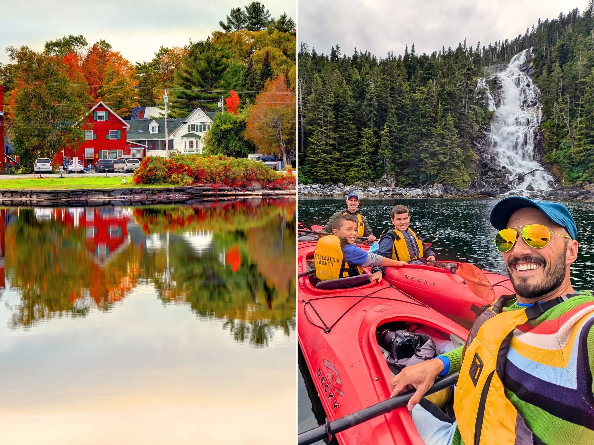 Two images: Left: A lake surrounded by homes and fall trees reflected in the water. Right: A parent takes a selfie with a family of four inside a red kayak in a lake with evergreen trees and a rocky waterfall in the background.