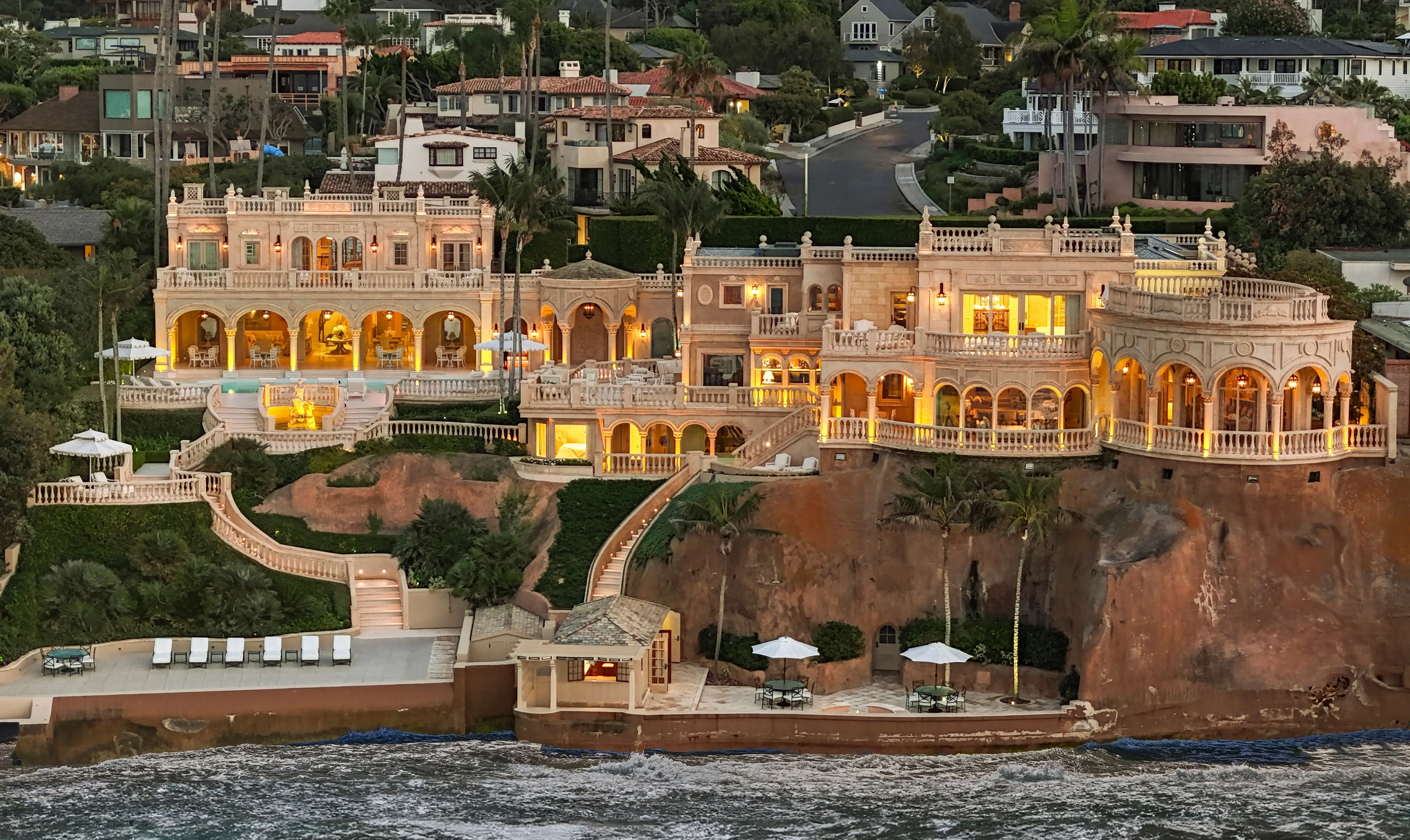 Exterior view of the Sand Castle mansion on a cliff in La Jolla, California.