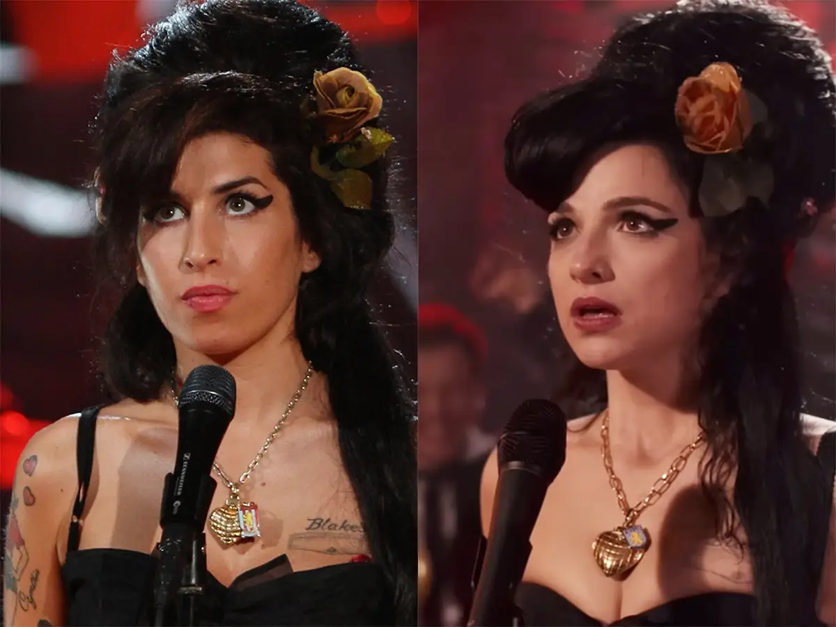 Amy Winehouse, left, performing for the 2008 Grammys, and Marisa Abela, right, as Amy Winehouse in 