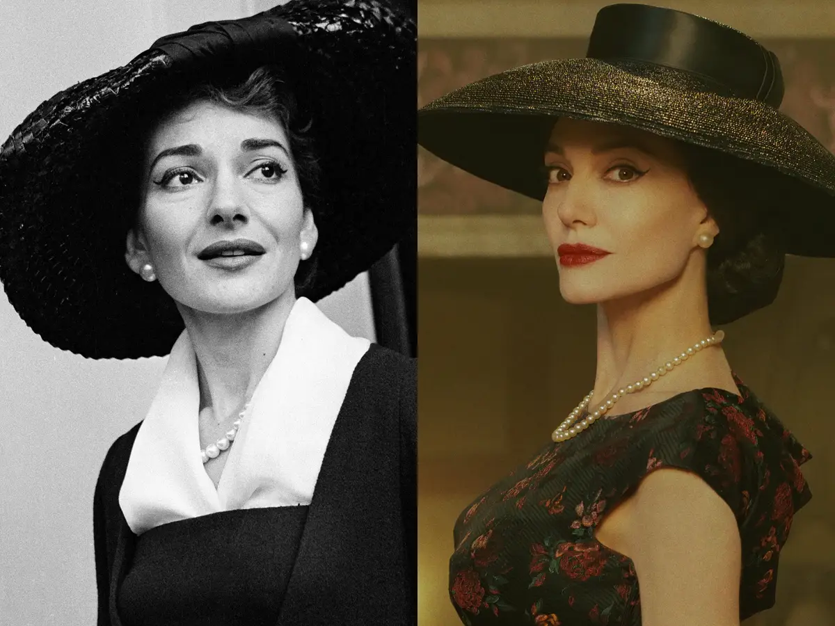 Maria Callas, left, in London in June 1958, and Angelina Jolie, right, as Callas in 
