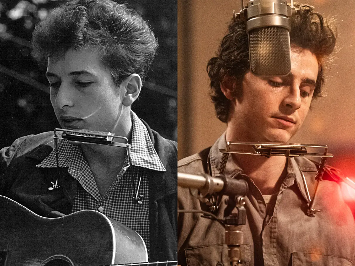 Bob Dylan, left, performing in August 1963, and Timothée Chalamet as Dylan in 