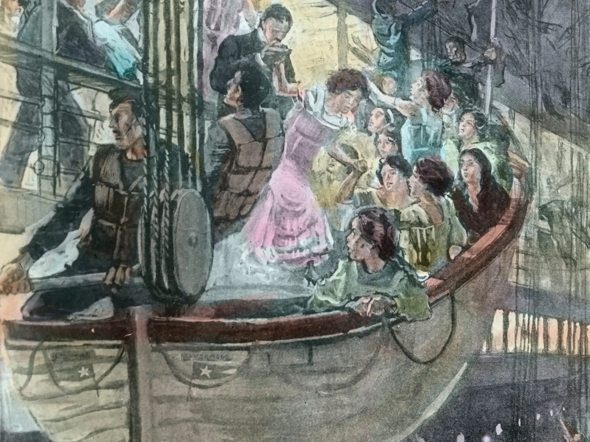 A drawing of women in colorful dressed getting into a lifeboat on the Titanic