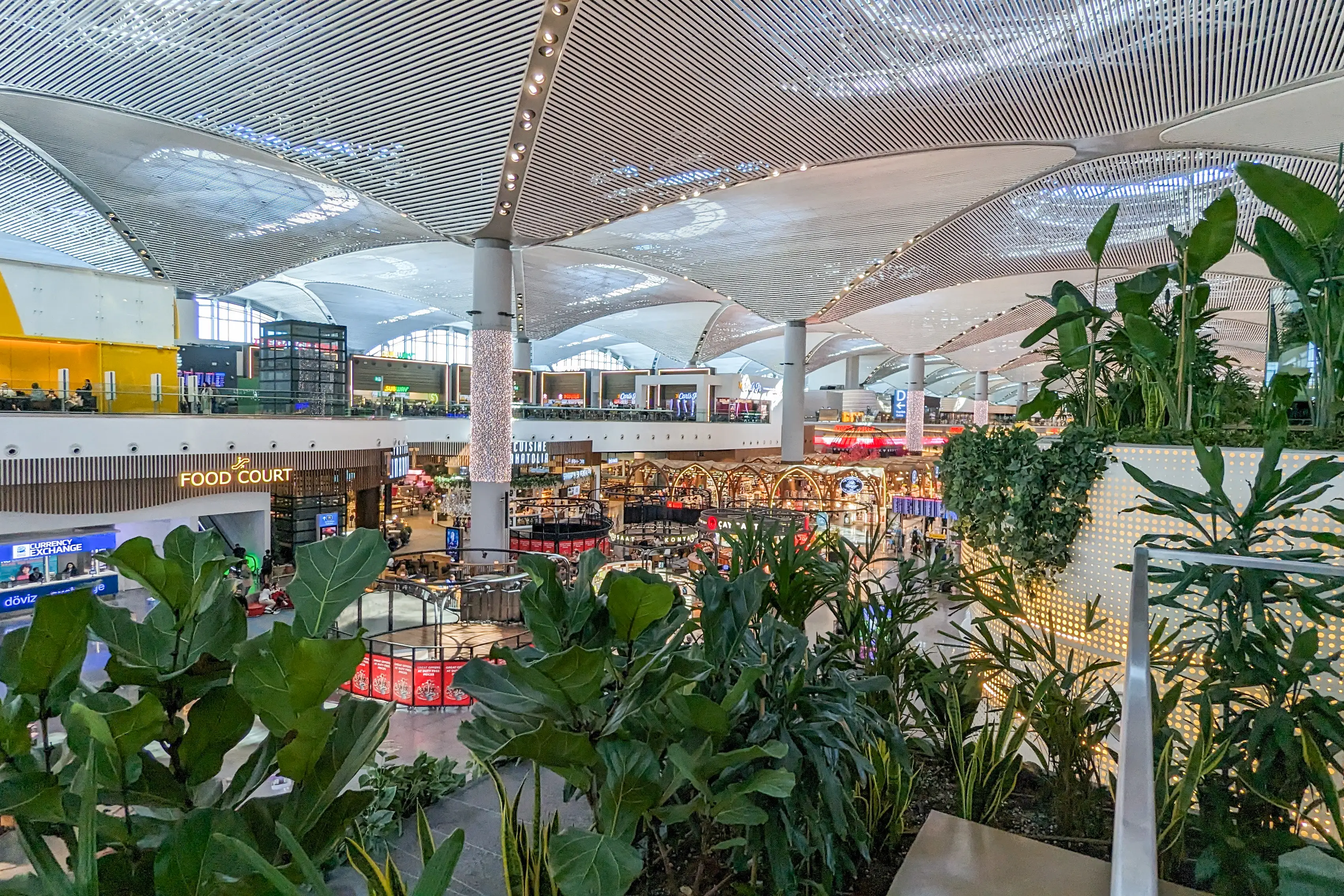 Aerial view of Istanbul airport with plants, shops