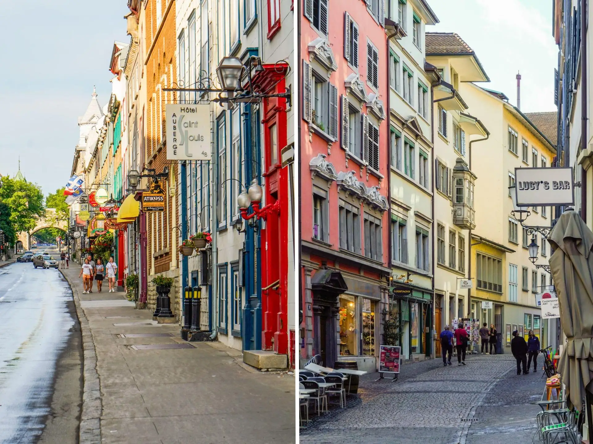 A composite image of quaint, colorful streets in Québec and Switzerland.