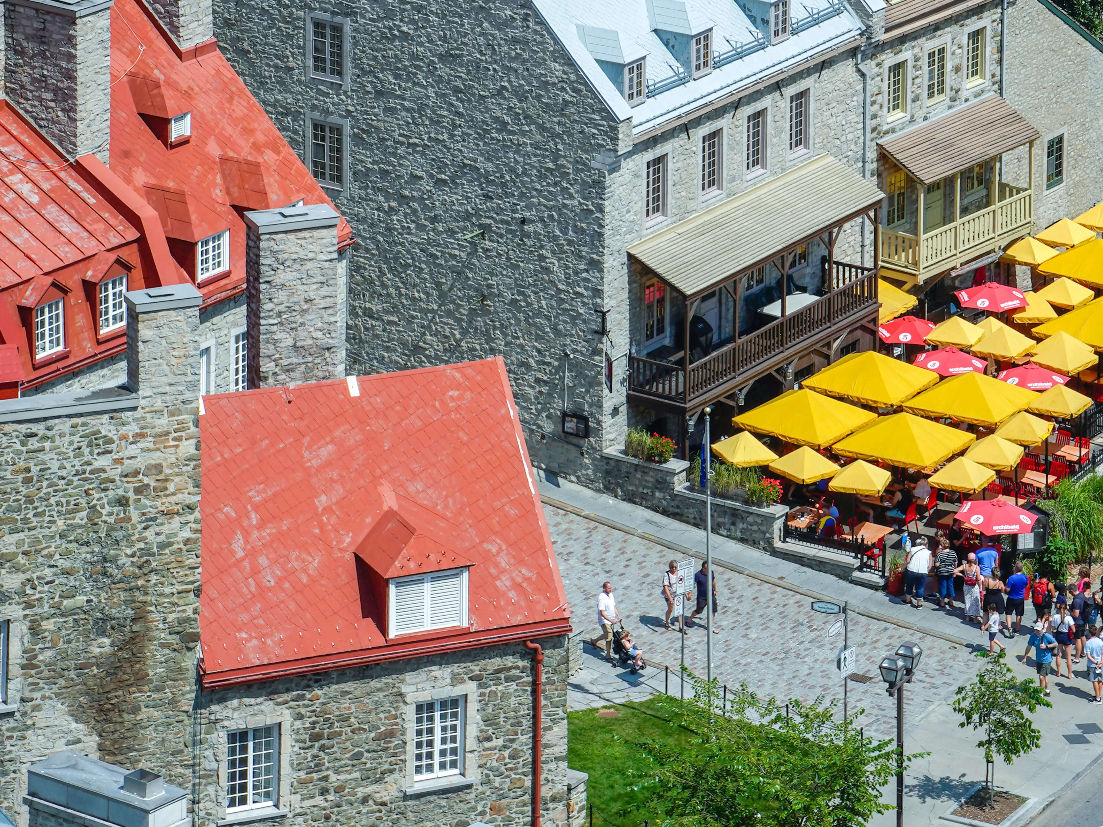 Cobblestone streets in Old Québec viewed from above