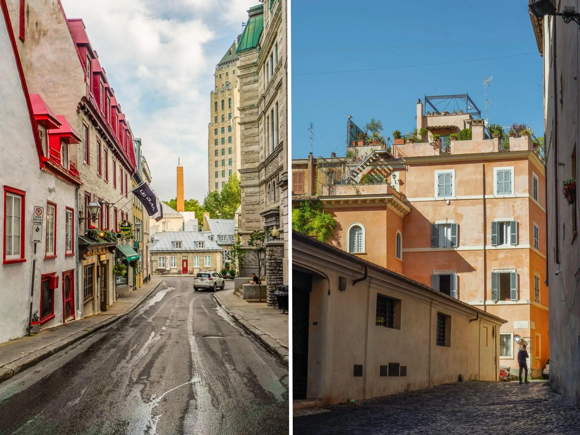 A composite image of narrow alleyways in Quebec City and Rome.