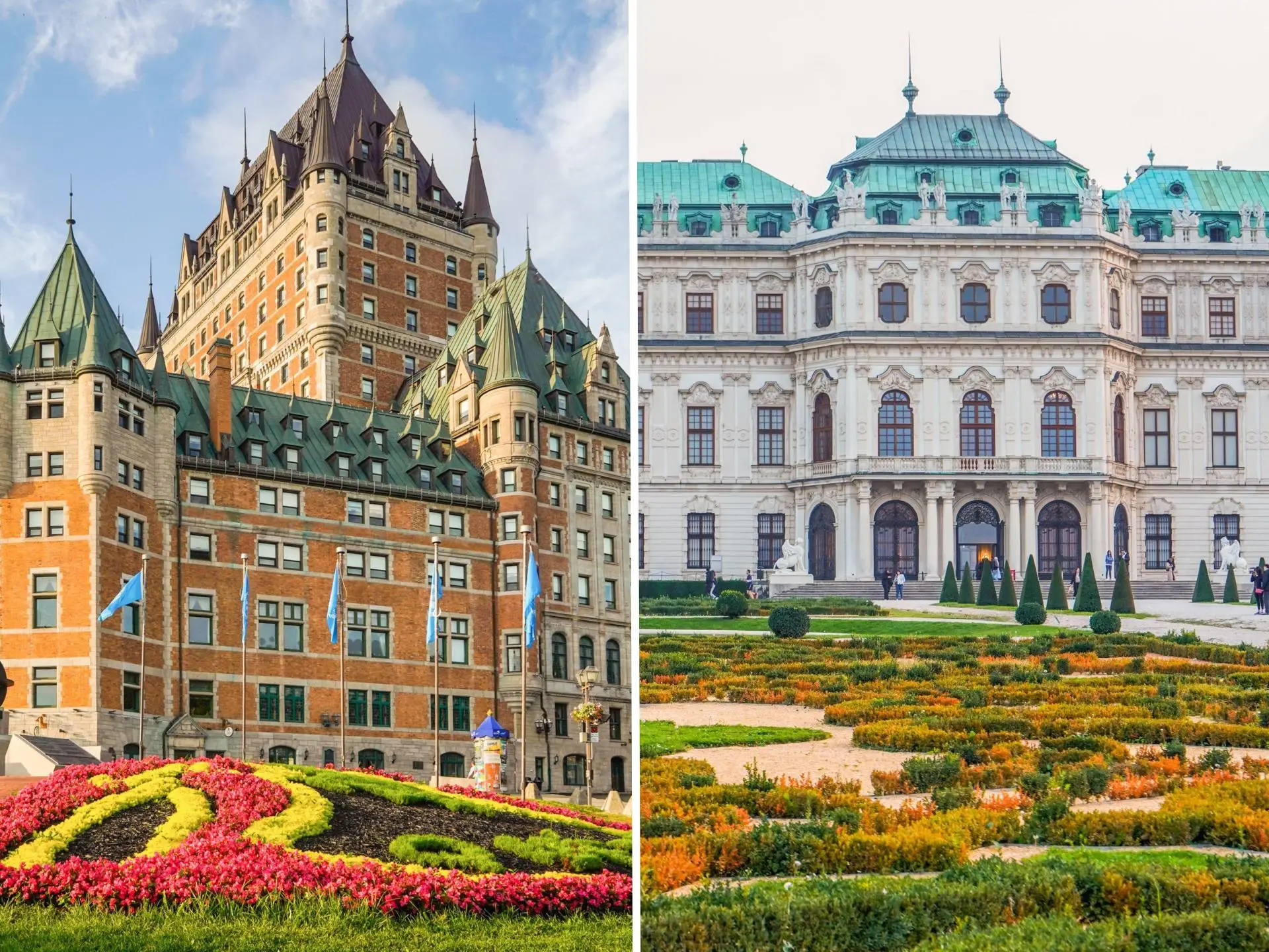A composite images of old-world buildings behind gardens in Quebec City and Vienna