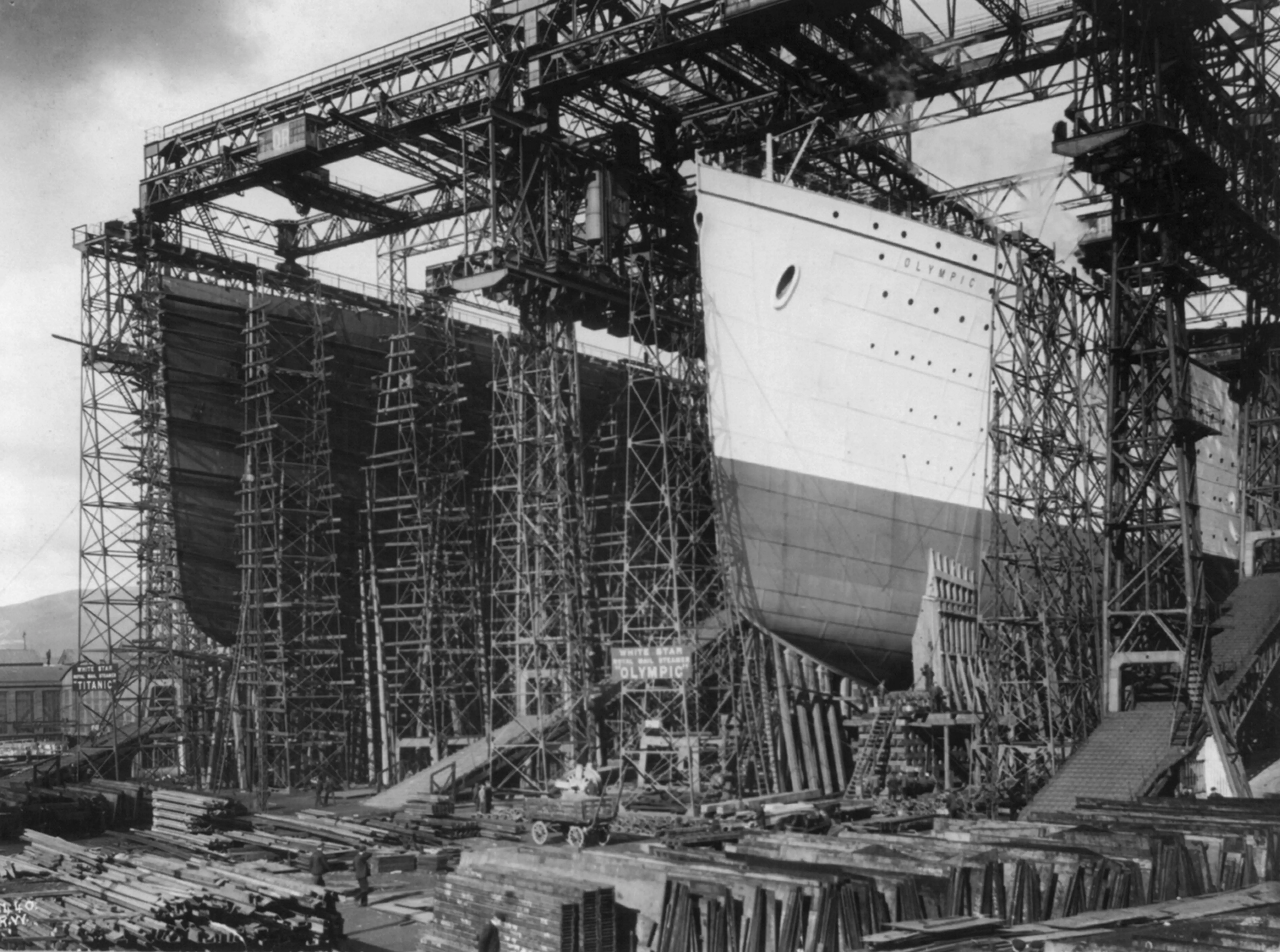 The Titanic and its sister ship the Olympic under construction in Belfast, Northern Ireland.