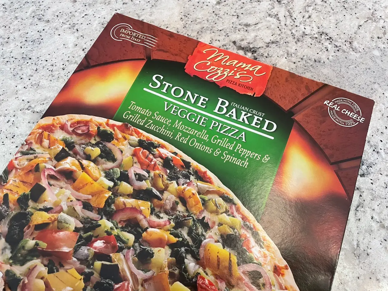 Mama Cozzi's stone-baked vegetable pizza box
