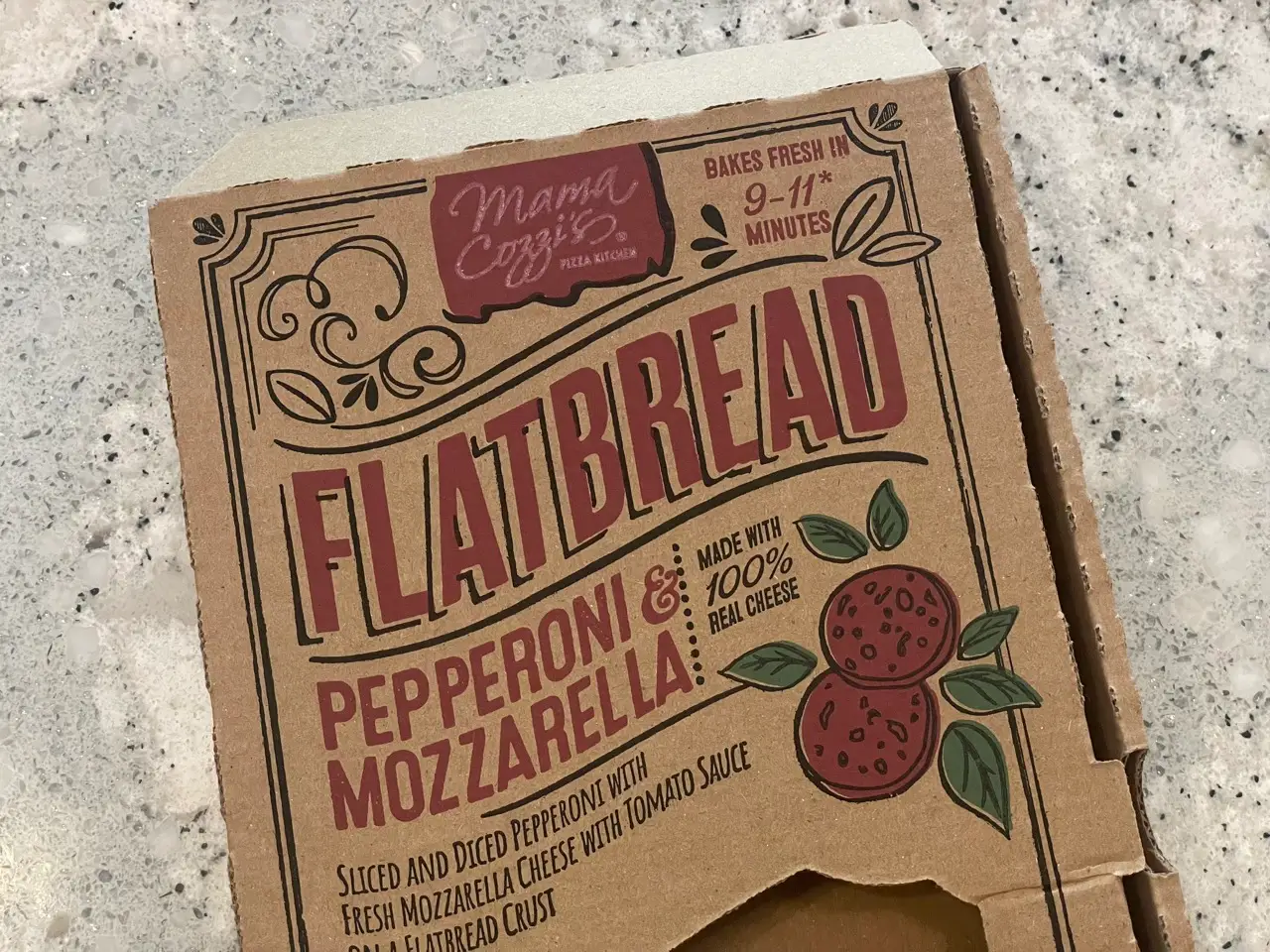 Mama Cozzi's flatbread pepperoni and mozarella pizza box