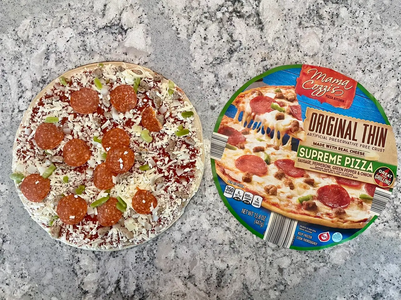 Mama Cozzi's Original Thin supreme pizza label next to frozen pizza with pepperoni, green bell peppers, cheese