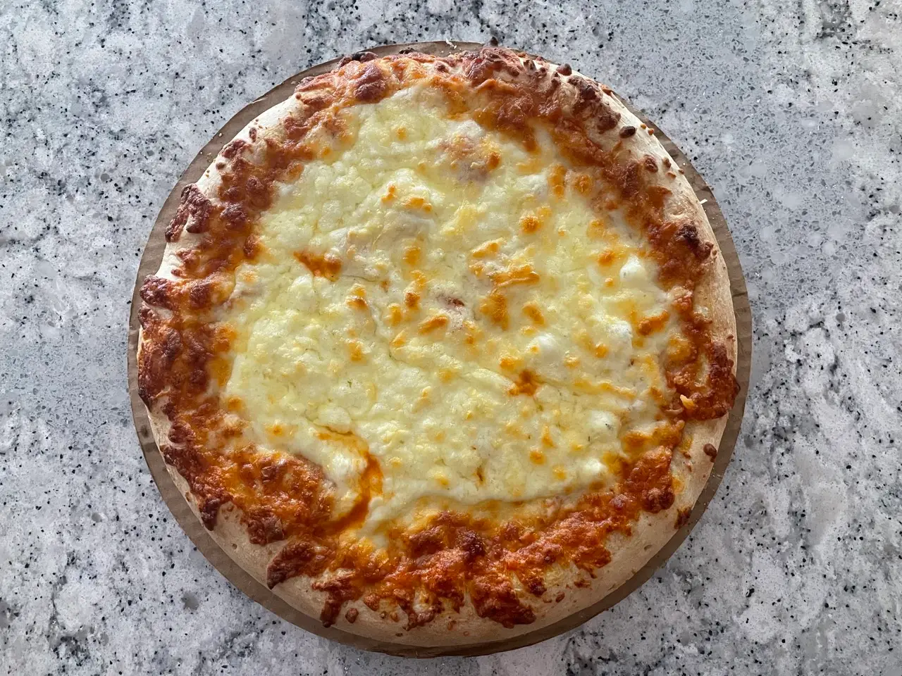 Cheese pizza with golden-brown edges on cardboard disc on counter