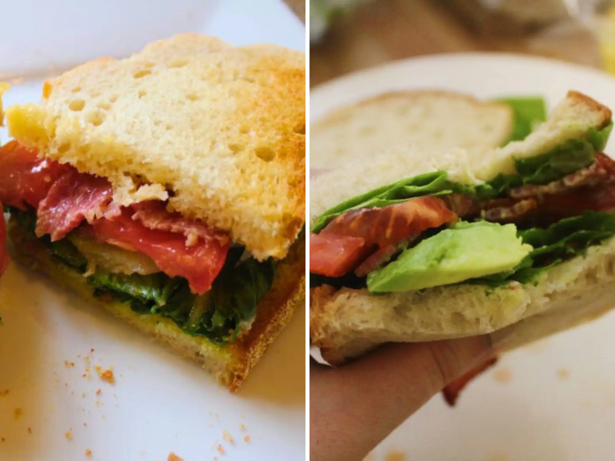 two blt sandwiches side by side on white plates