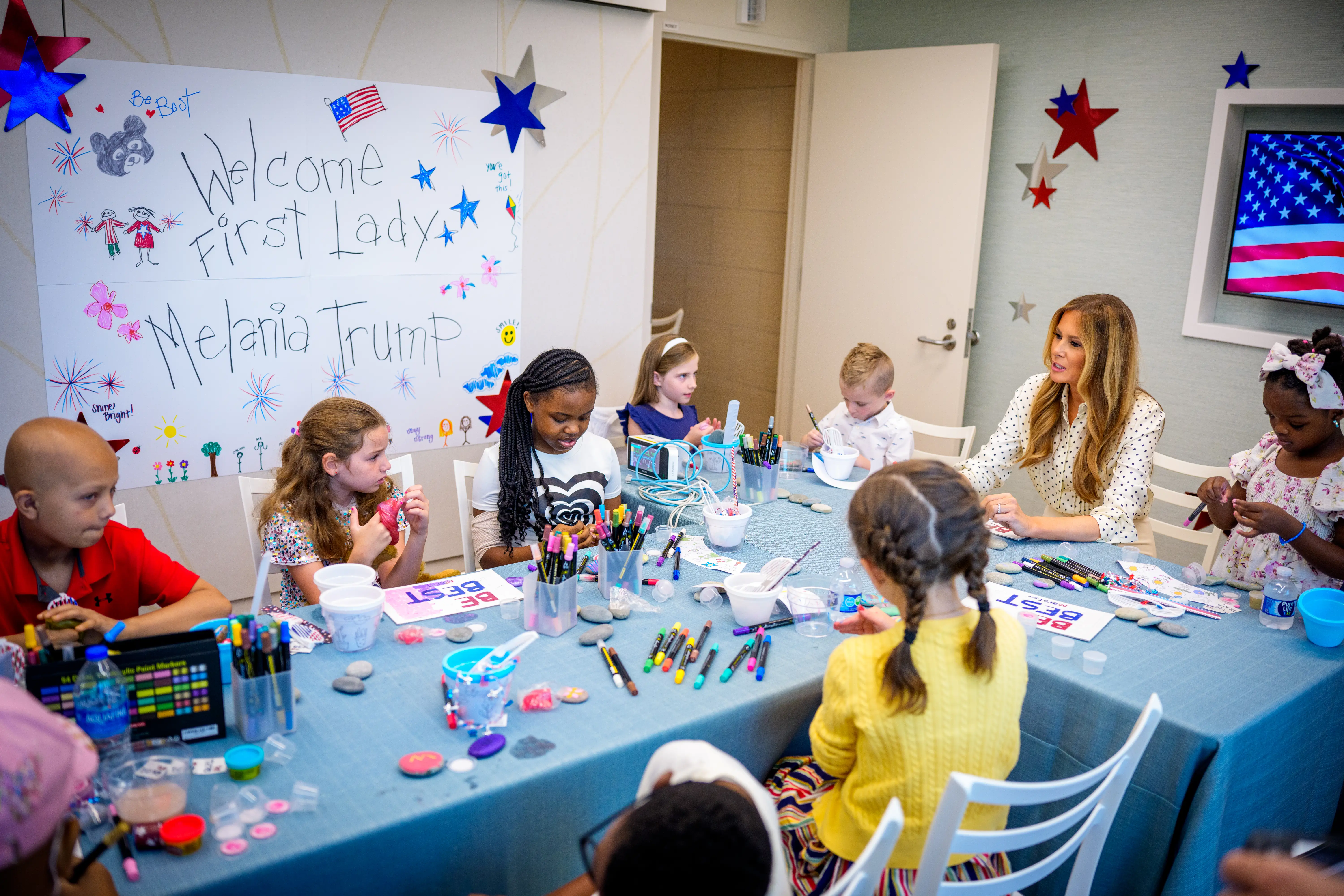 First lady Melania Trump me children at Children's National Hospital on July 3, 2025, in Washington, DC.