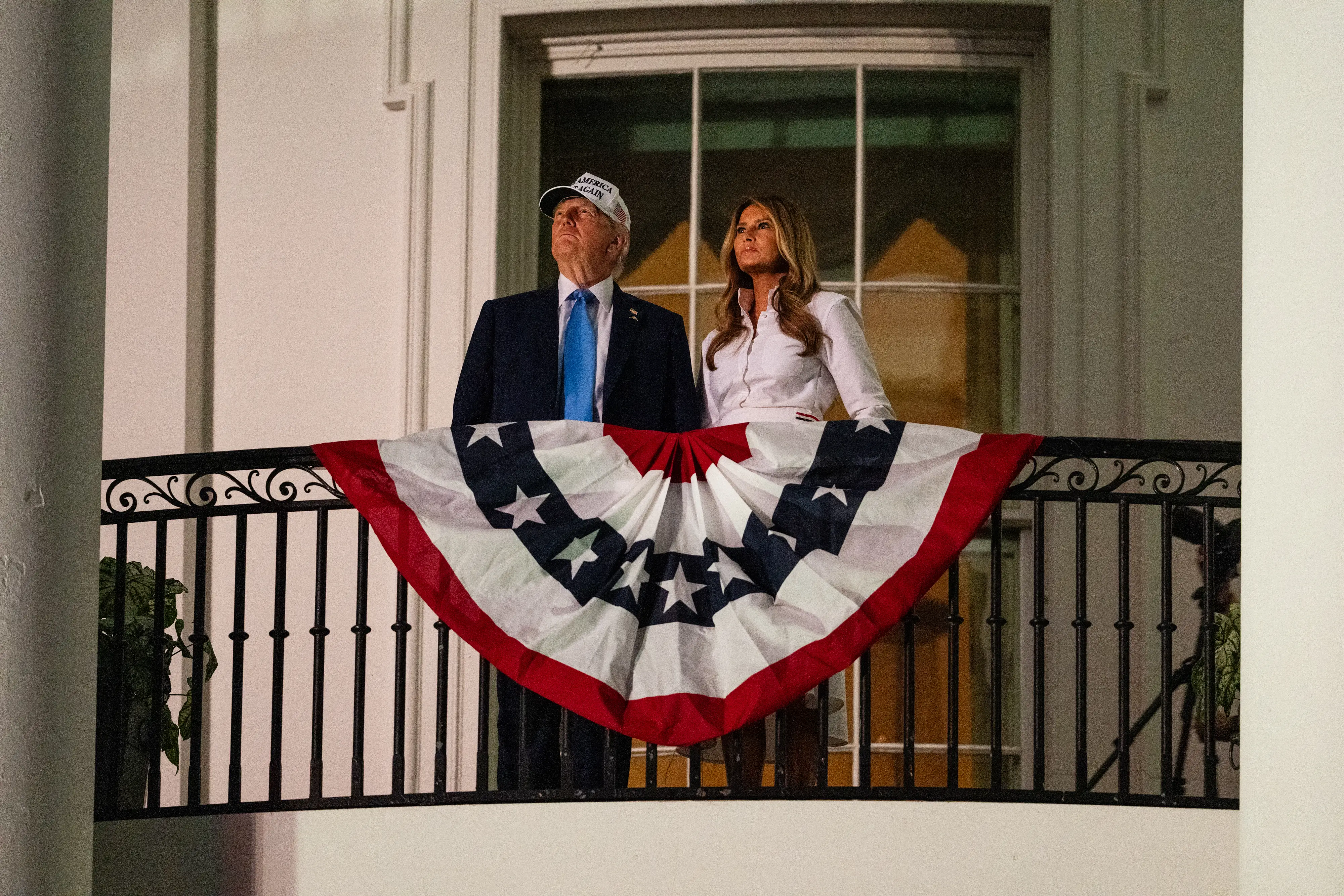 President Donald Trump and First Lady Melania Trump watch fireworks during a Fourth of July celebration at the White House on July 4, 2025 in Washington, DC.