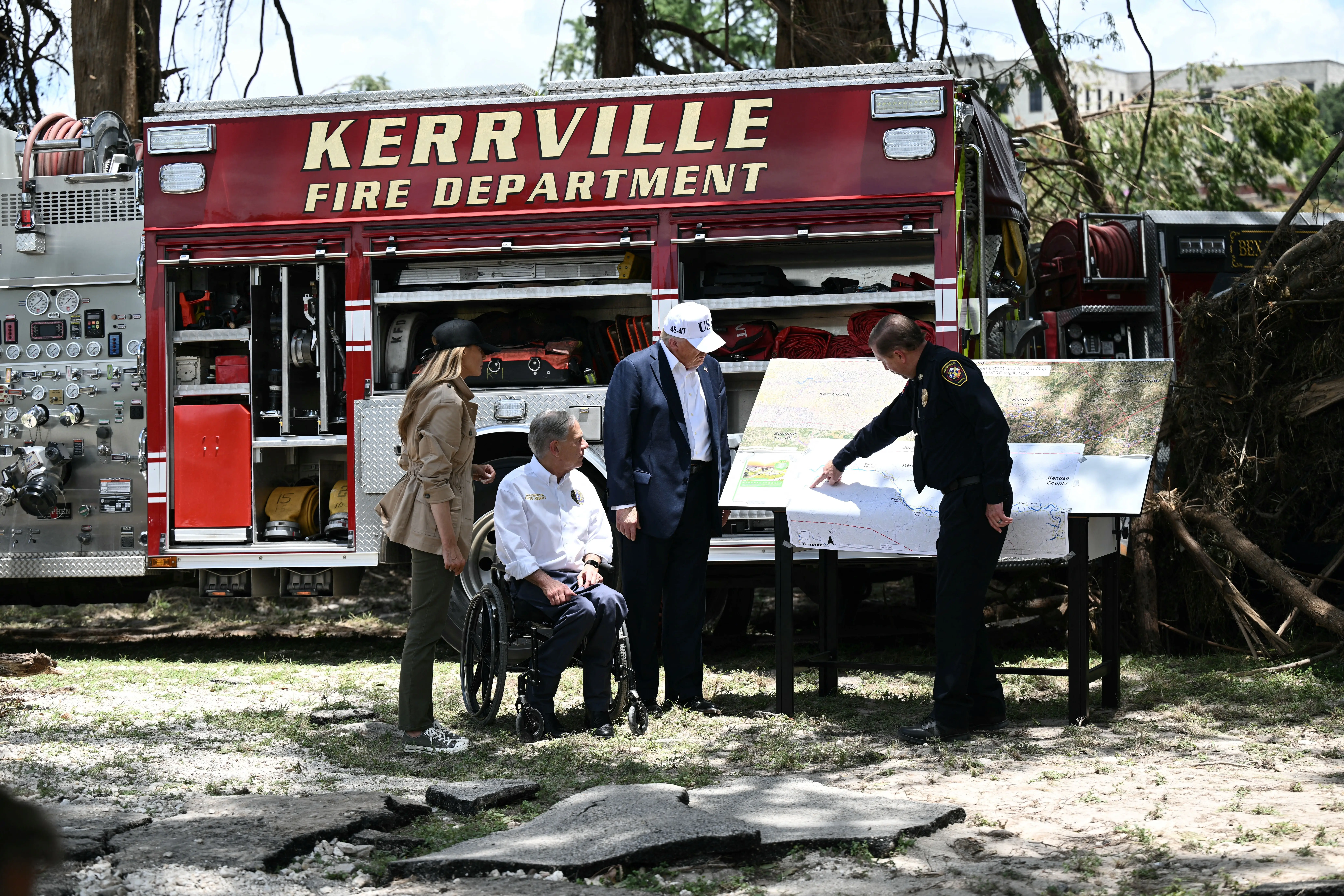 Melania Trump and Donald Trump visit Kerrville, Texas, after deadly flooding.