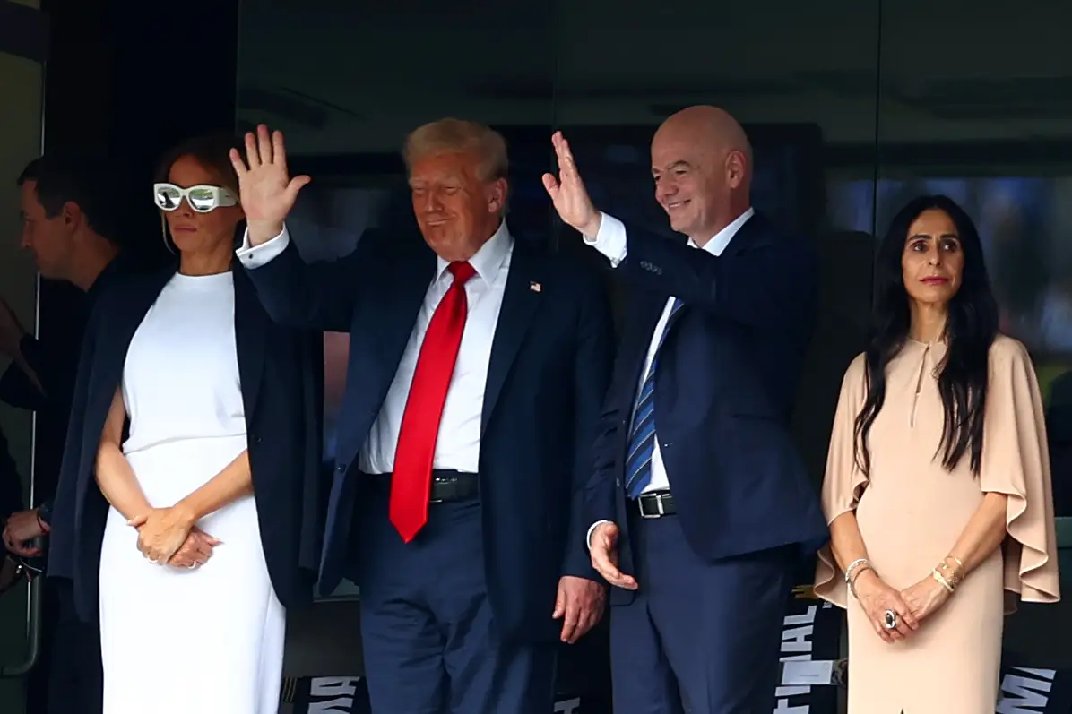 President Donald Trump and first lady Melania Trump join FIFA President Gianni Infantino and Leena Al Ashqar react following Chelsea FC victory following the FIFA Club World Cup 2025 Final match between Chelsea FC and Paris Saint-Germain at MetLife Stadium on July 13, 2025.