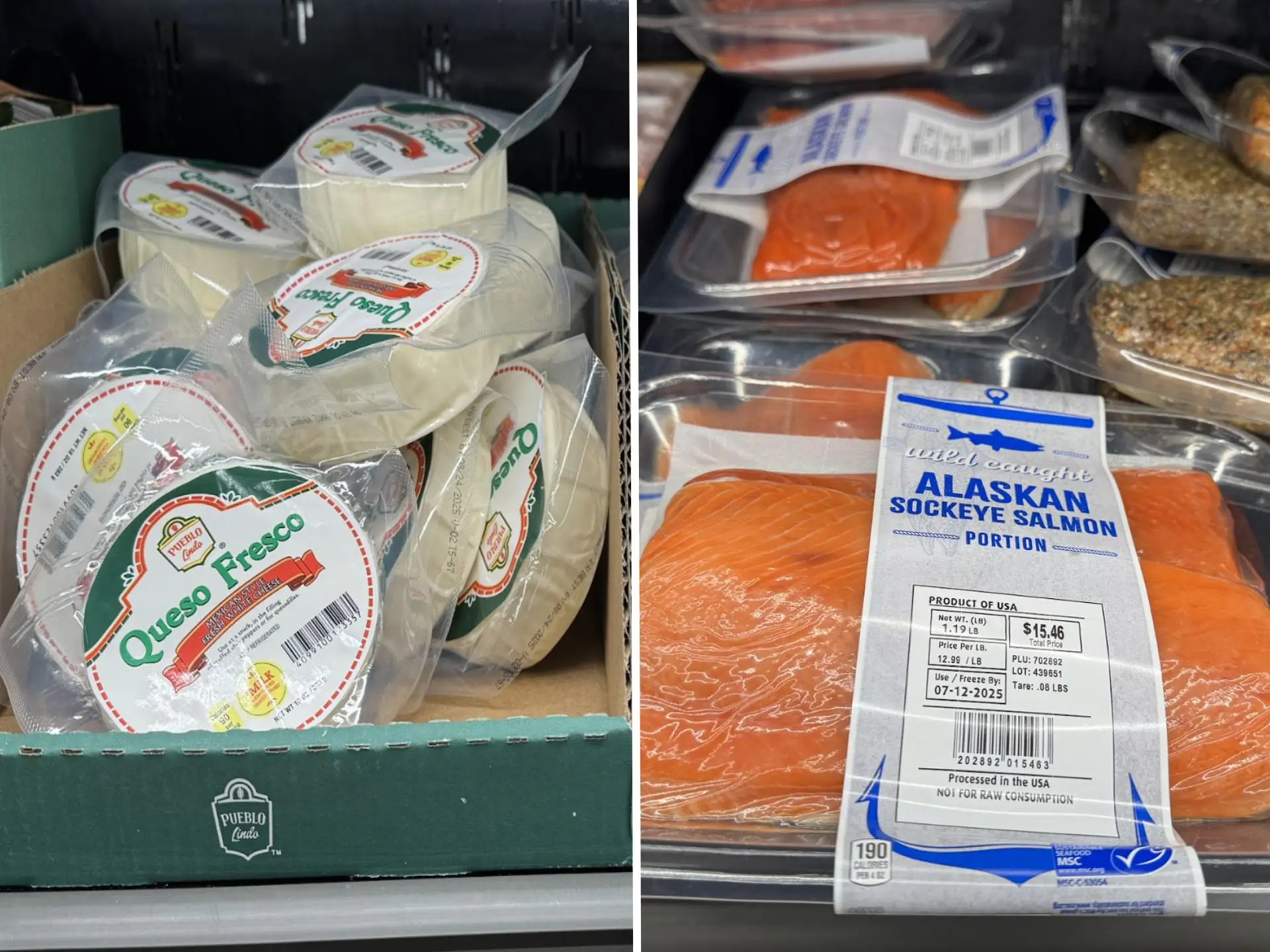A composite image of queso fresco and Alaskan sockeye salmon from Aldi.