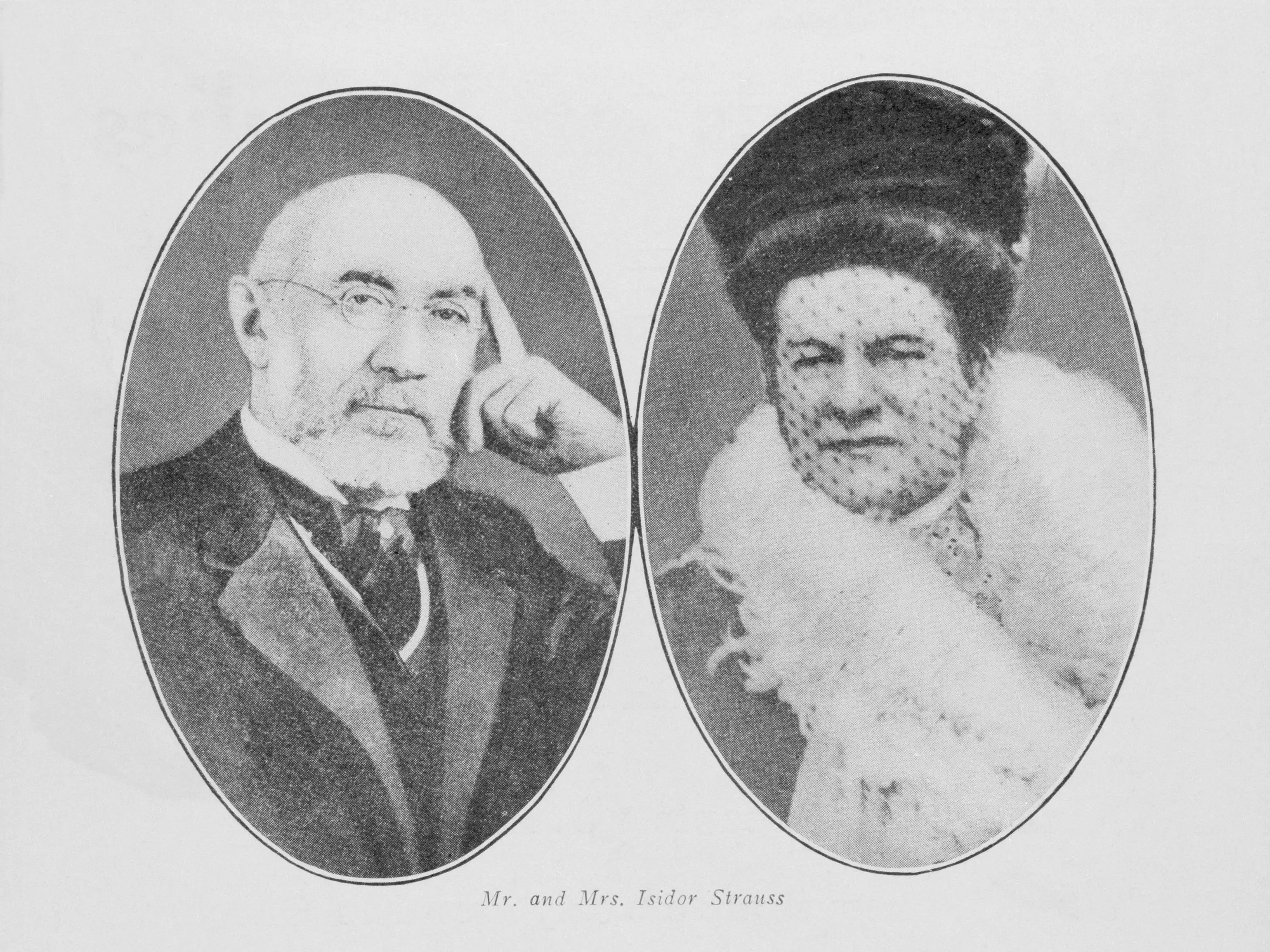 Isidor Straus and his wife, Ida, Mr. Charles M. Hays, Mr. Henry B. Harris, and Mr. J. B. Taylor. Five victims of the S. S. Titanic sinking. Taken from the memorial program, screened image.