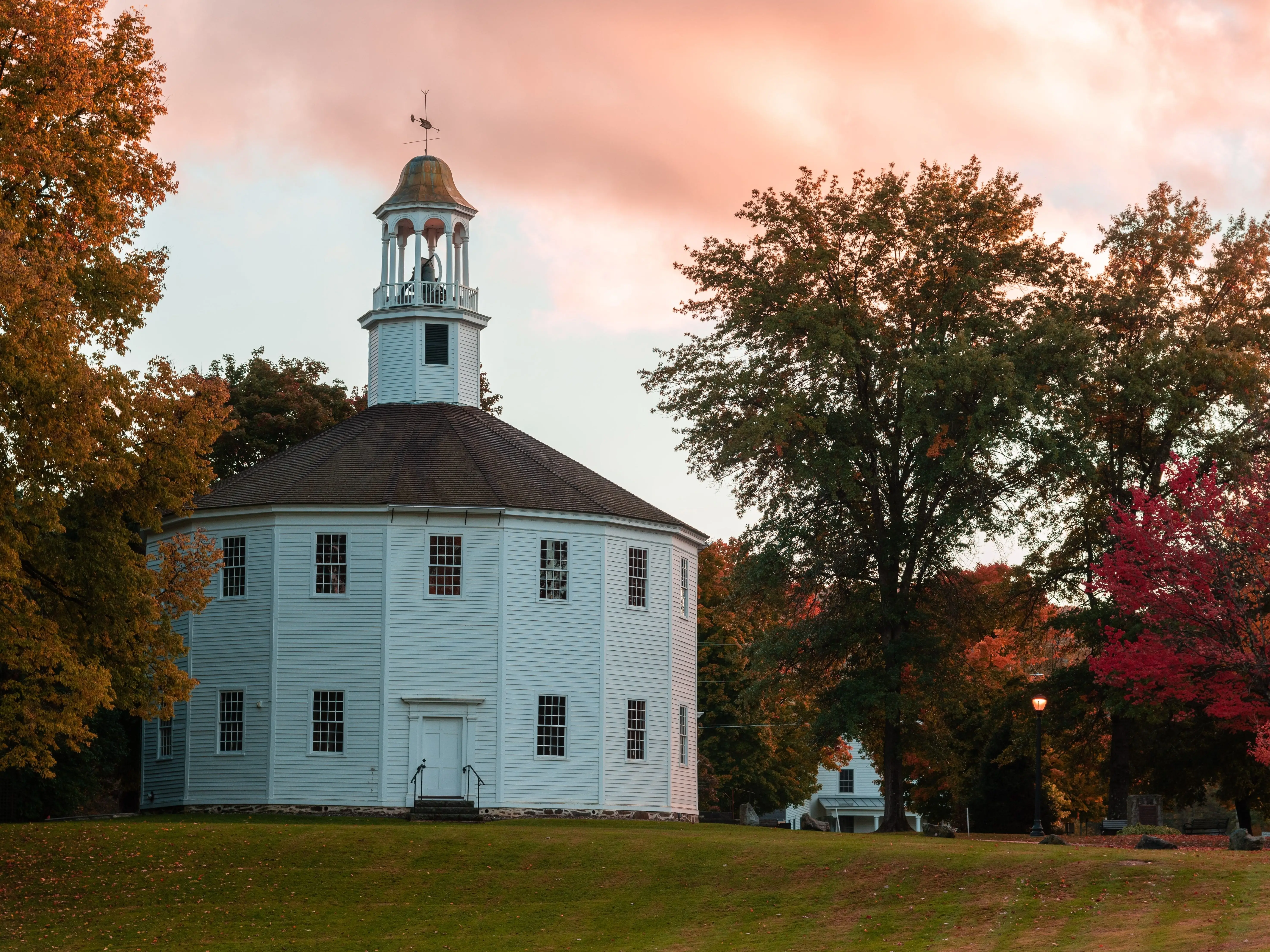 The Old Round Church in Richmond is technically a 16-sided polygon, but it's still enough of a circle to lend credence to a rumor that it was built in that shape so that the Devil had no corners to hide in.