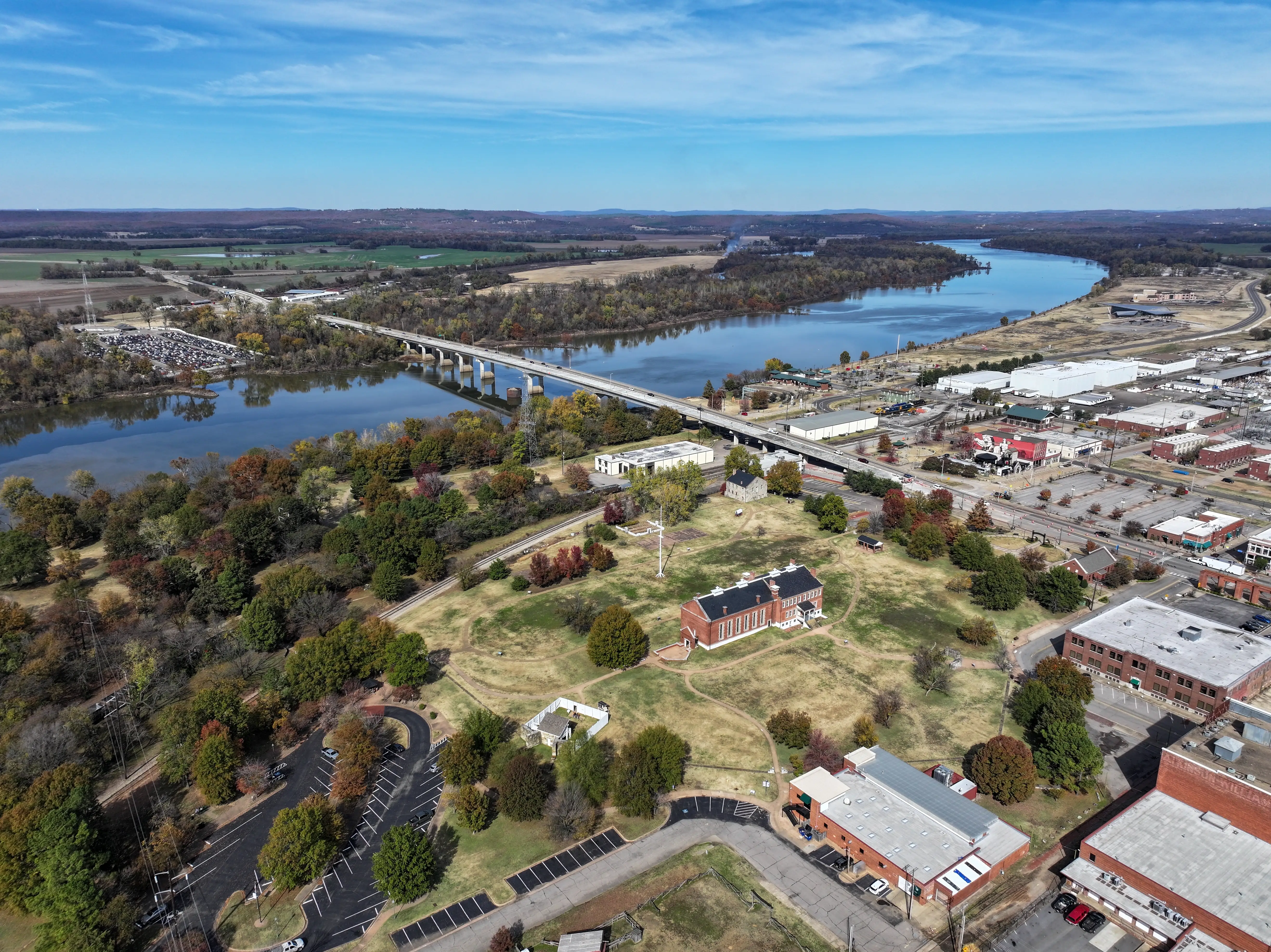 Fort Smith, Arkansas - November 12th, 2023: Aerial view of Judge Parker's Courthouse and the Fort Smith National Historic Site