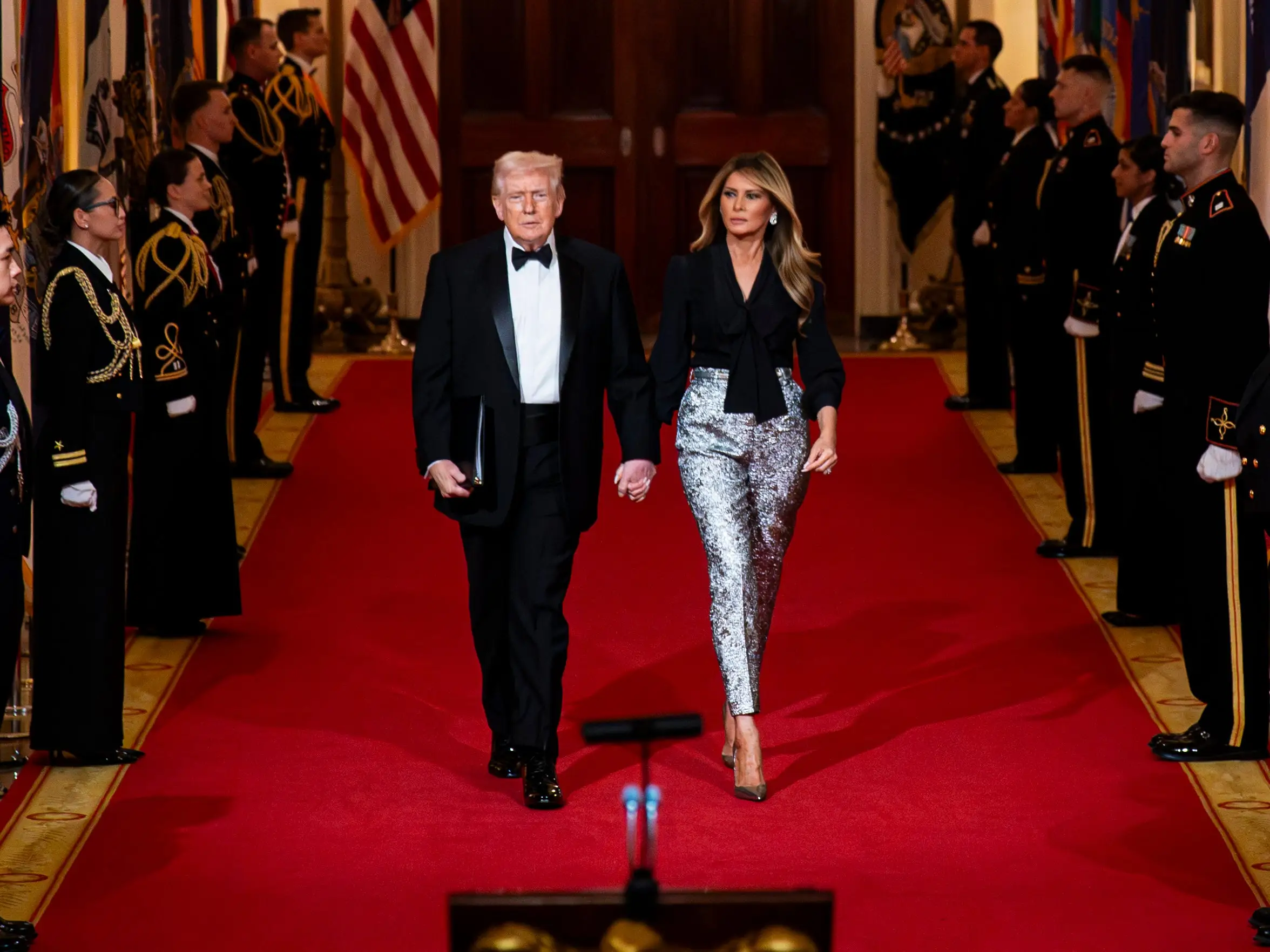 Donald and Melania Trump arrive at the National Governors Association Evening Dinner in February 2026.