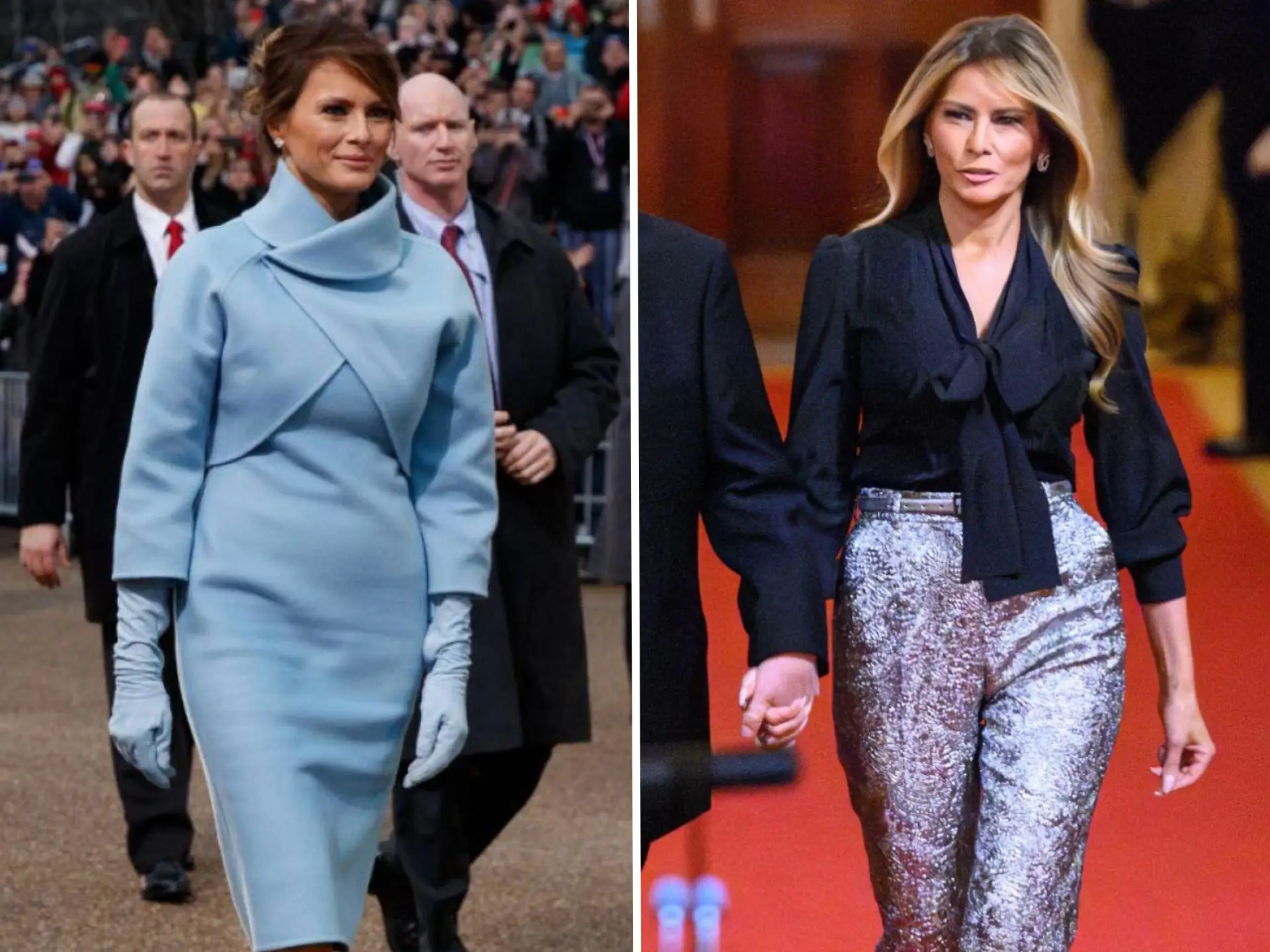 A side-by-side of Melania Trump in 2017 and 2026.